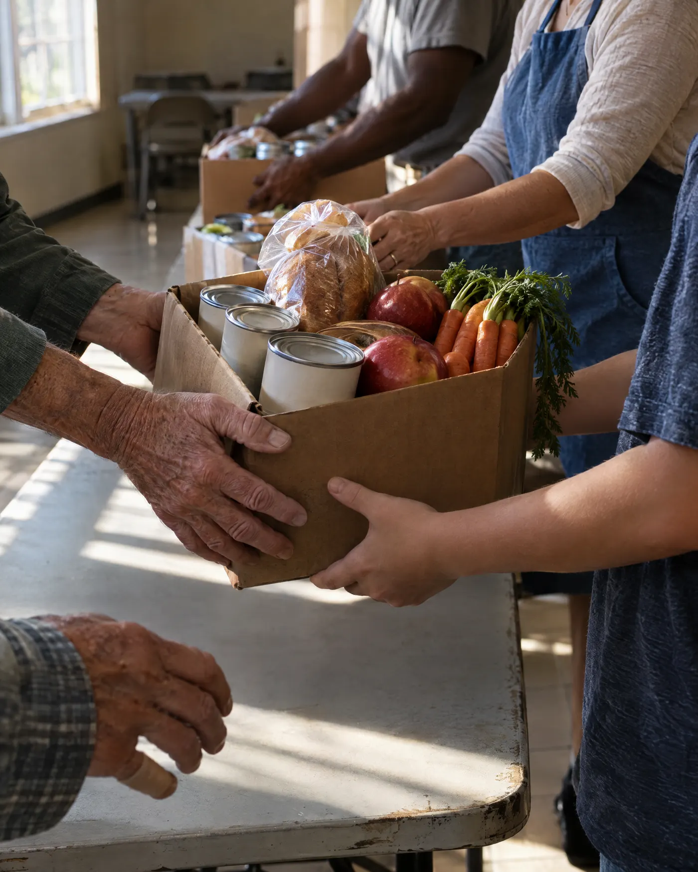 Hands of several volunteers passing a box of canned food, bread, apples and carrots across a folding table