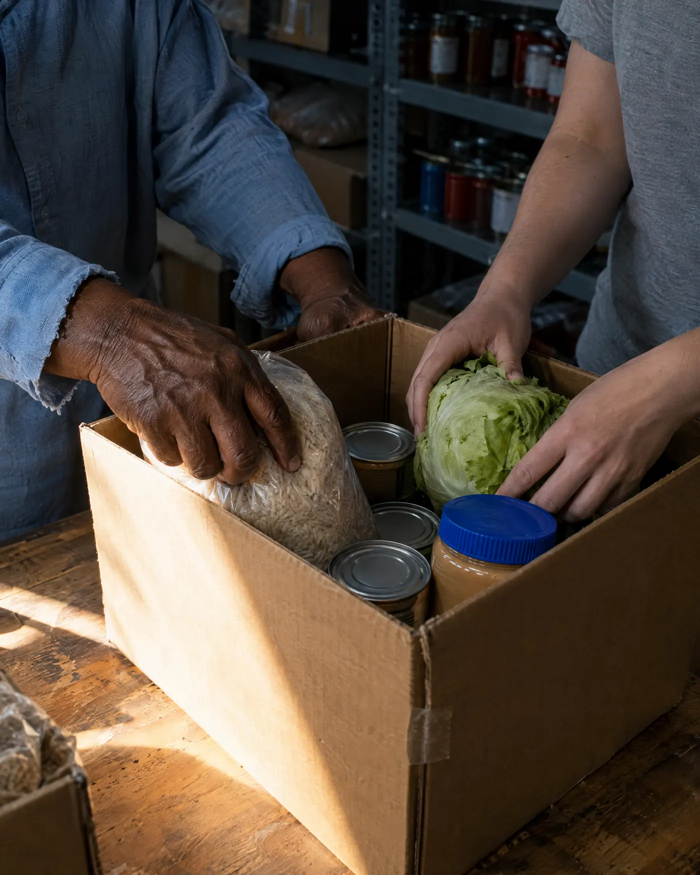 Two volunteers packing rice, canned goods, peanut butter and lettuce into a box in a food pantry