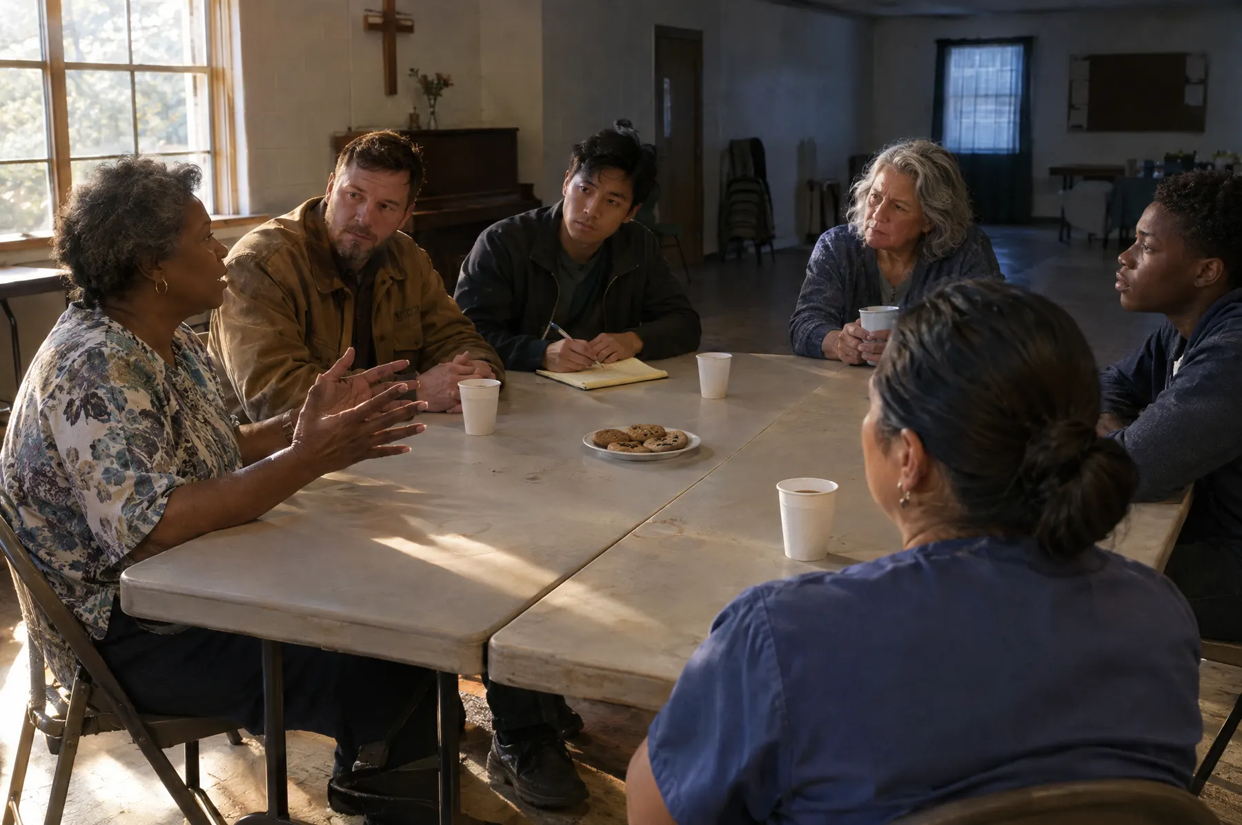 A small group of neighbors around folding tables with coffee, one woman explaining something with her hands